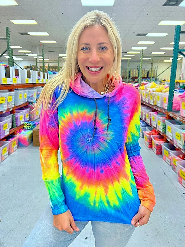 Women's Blouse with ShirringNeon Rainbow Tie-Dye Long Sleeve Hoodie Tee - Blank