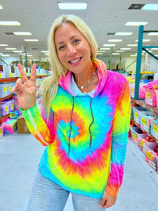 Women's Blouse with Fur TrimSummer Breeze Tie-Dye Long Sleeve Hoodie Tee - Blank