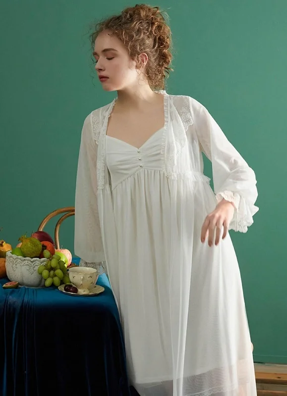 women's pajamas with a relaxed, casual vibeWomen Vintage Princess Delicate 2 Pieces Robe Sets, Victorian V-neck Long Sleeve Embroidery Lace Nightgown