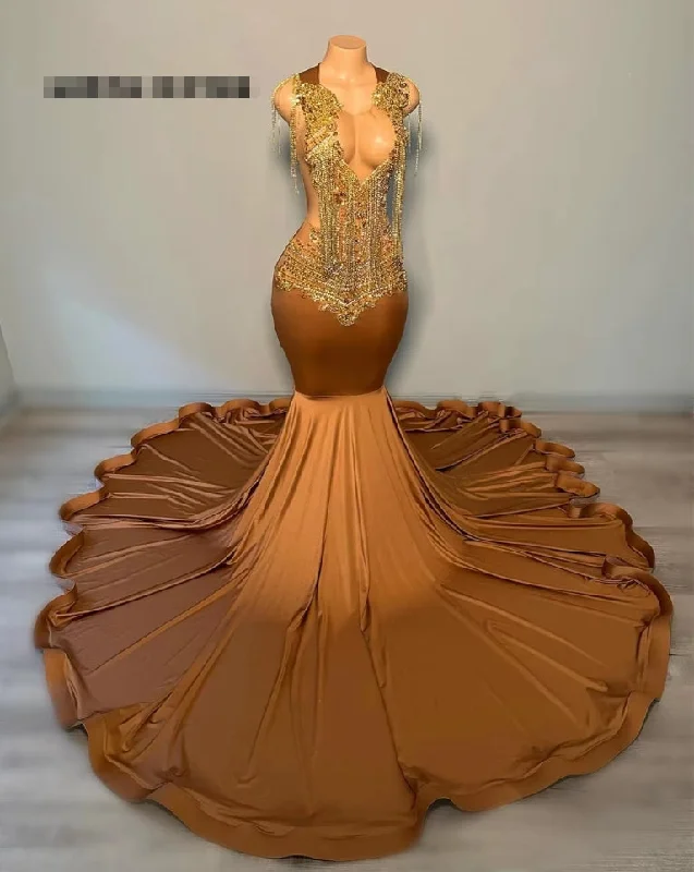 Women's Low-Neck DressesCoco Brown Mermaid Gold Rhinestones Prom Dresses For Party Wedding Evening Beaded Formal Dress V Neck Party Gowns Elegant robe