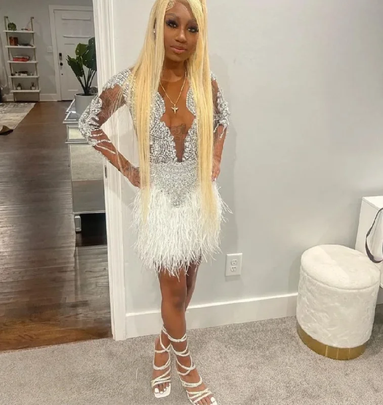 Women's Shawl Collar DressesWhite Sparkling Short Homecoming Dress African Girls Rhinestone Sequins Feather Party Dresses New See Through O Neck Dresses