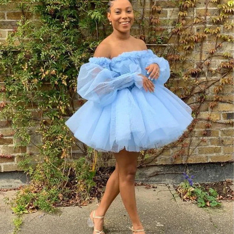 Women's Mini DressesPrincess Ball Gown Homecoming Dresses for Black Girls Off Shoulder Long Sleeve Tulle Short Prom Birthday Party Gowns Bespoke