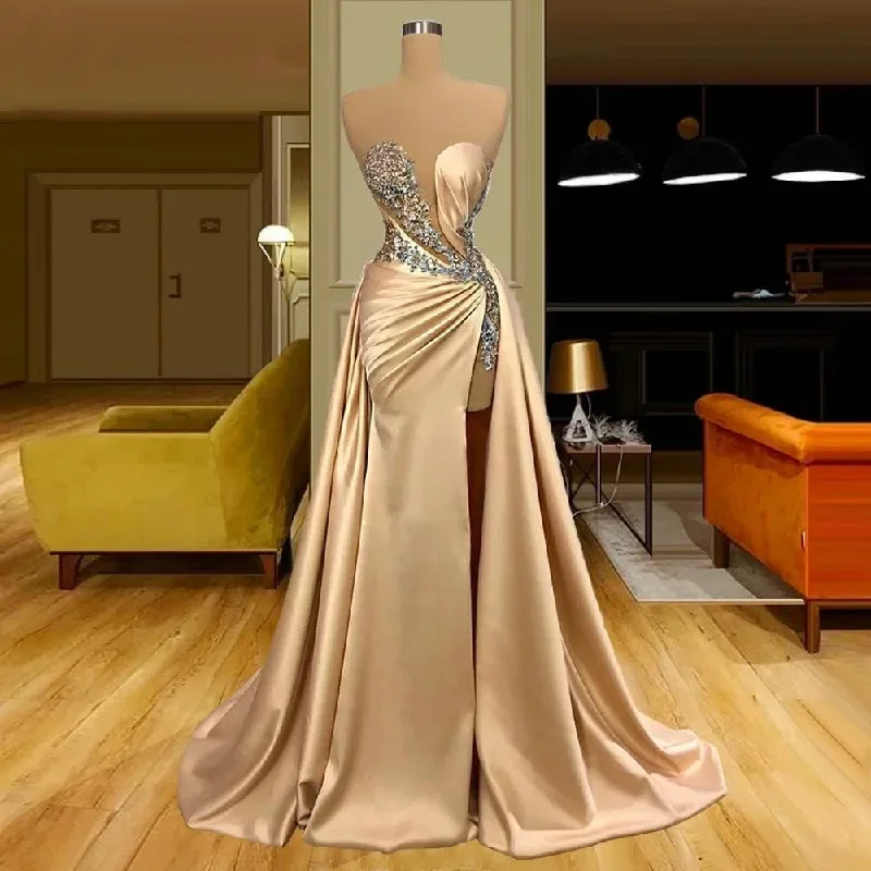 Women's Sweetheart-Back DressesChampagne Gold Evening Dresses Sexy Illusion Mermaid Prom Gown Applique Beading High Split Satin Party Gowns With Overskirt