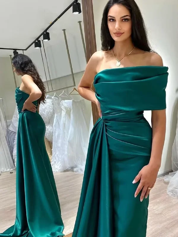 Women's V-Shaped-Neck DressesSatin Formal Evening Party Dresses Pleats with Side Train Draped High Slit Prom Dress Elegant Gown Wedding