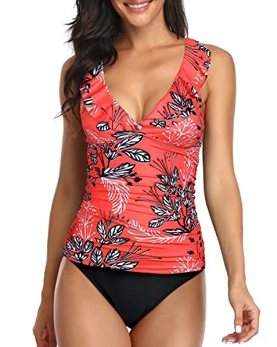 2 Piece Sexy Falbala Flounce Tankini Swimsuits Ruched Bathing Suits-Red Floral