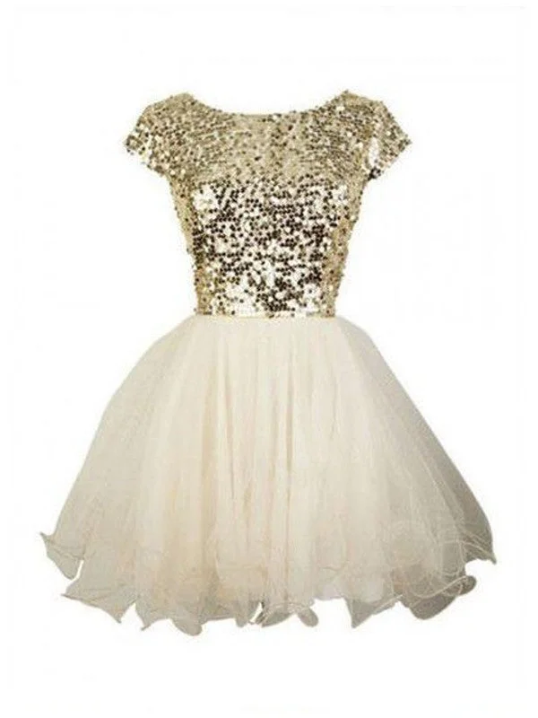 Women's Narrow Collar DressesA-Line/Princess Sleeveless Scoop Sequin Tulle Short/Mini Dresses