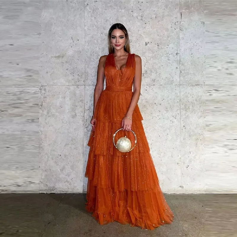 Women's Fit and Flare DressesShiny Burnt Orange Tulle Evening Dresses Long Women V Neck Tiered Formal Dress Women Party Prom Night Event Gown