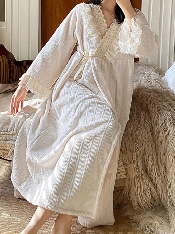 women's pajamas with a blend of comfort, style, and functionalityVintage Flannel Warm Long Robes Dress, Vintage Embroidery Loose Nightgown, Victorian Nightgown