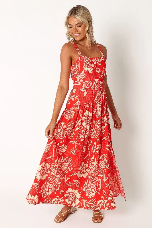 Women's Collarless DressesLoretta Belted Midi Dress - Red Floral