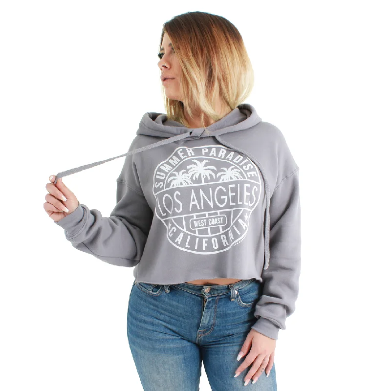 Women's Hooded Sweatshirts with Solid Color LiningLos Angeles Circle Print Cropped Hoodie Grey