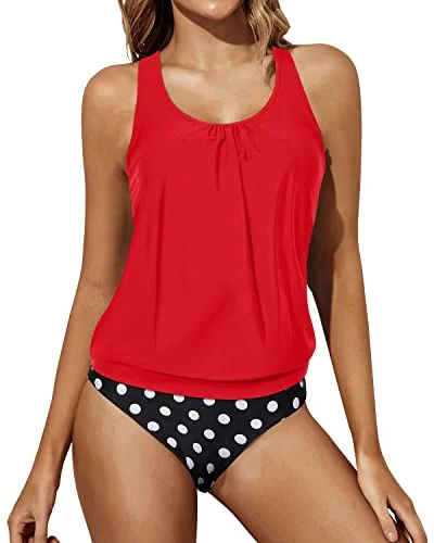 Tummy Control Tankini Bathing Suits Racerback Tank Tops Blouson Swimwear-Red Dot