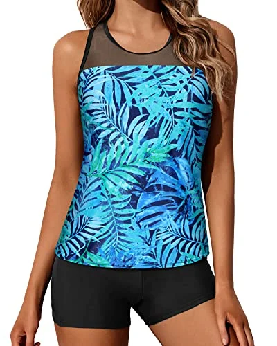 Flattering Racerback Tank Top Boy Shorts For Junior Girls' Swimsuits-Dark Blue Green Leaves