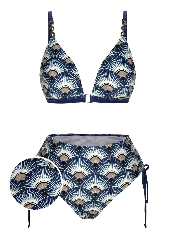 Blue 1930s Ancient Fan Lace-Up Bikini Set