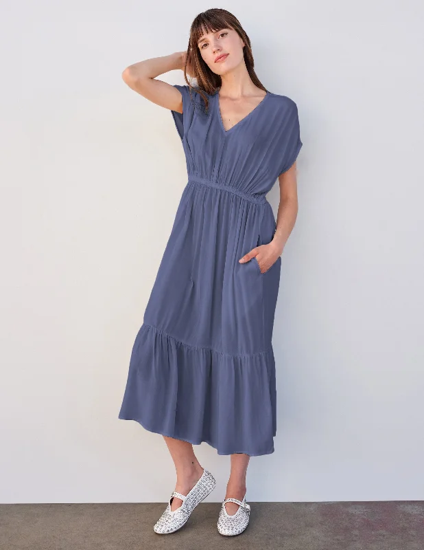 Women's V-Shaped-Neck DressesSundry Midi Dress with Ruffle in Navy