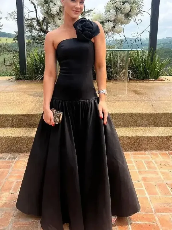 Women's Lapel Collar DressesClassy Long Black One Shoulder Satin Prom Dress With Flower A-Line Sleeveless Evening Dresses for Women 2024 Pleated Party Gown