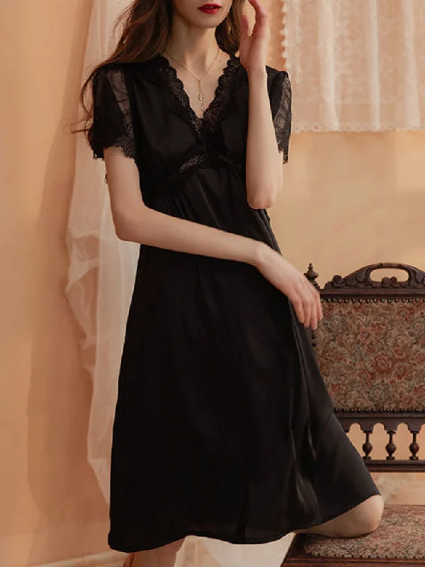 elegant women's satin pajamasShort Sleeves Lace-Trim Sleep Dress