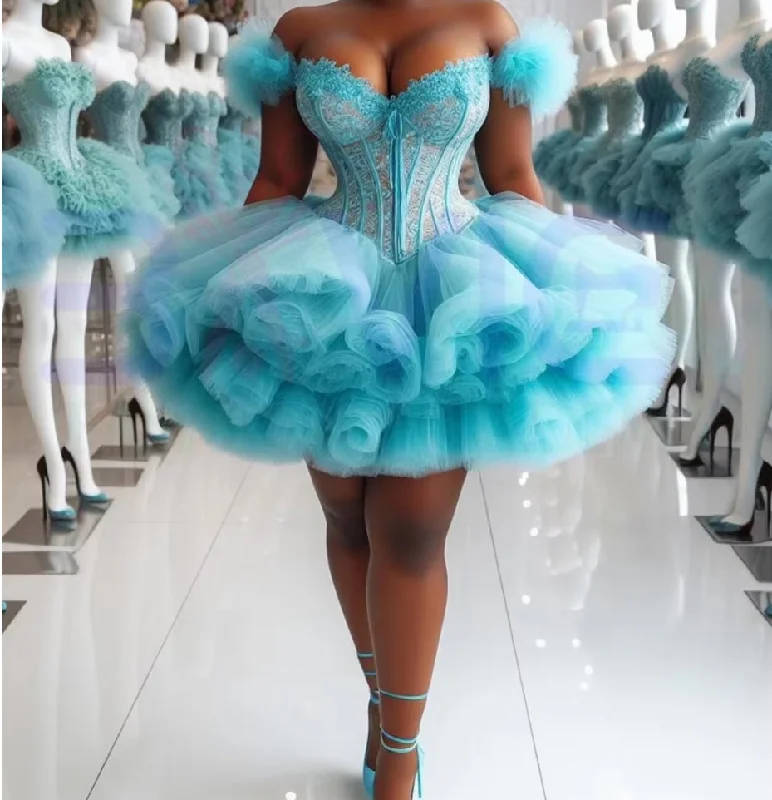 Women's Pleated DressesIce Blue Lace Ball Gown Tulle African Prom Dress 2024 Aso Ebi Black Girl Luxury Cute Wedding Dress Birthday Party Formal Gown