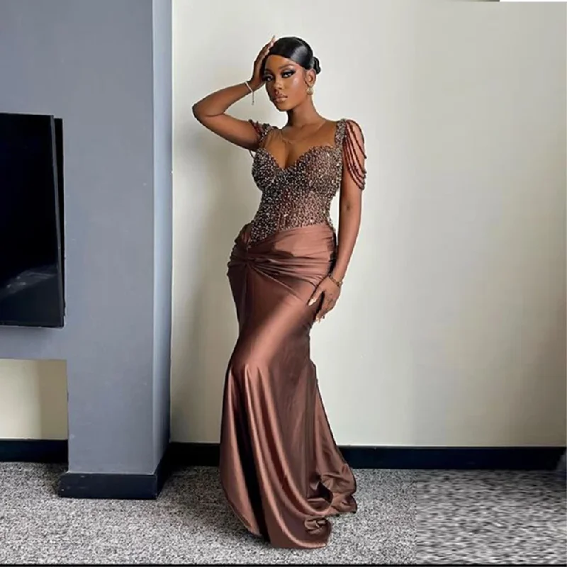 Women's Racerback DressesChocolate Brown Pearls Beaded Prom Dresses Ruched Satin Black Girls Long Evening Gowns African Women Wedding Party Dress