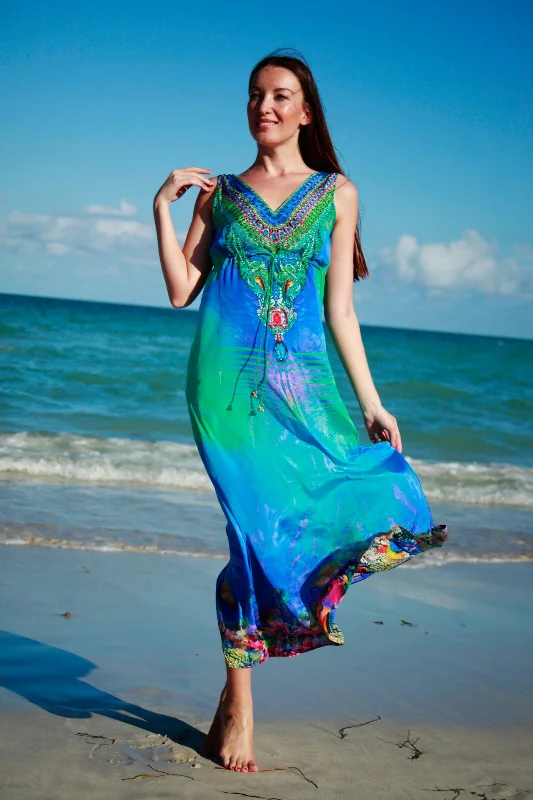 Women's Rounded-Neck DressesBLUE SEA AND SHELLS MAXI, perfect slit!