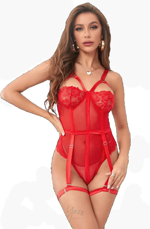 open-bust corset shapewear for waist definitionLadies Beautiful Red Sheer Mesh Stunning Floral Lace Elastica Underwired Bra Cups Adjustable Suspender Legs Straps Bodysuit Teddy Body