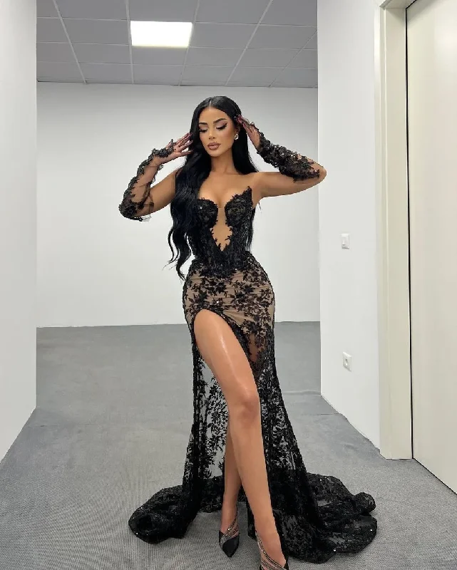 Women's U-Shaped-Neck DressesClassic Black Lace Evening Dresses with Detachable Sleeves Sexy Slit Appliques Mermaid Formal Gown 2024 Prom Party Dress Custom