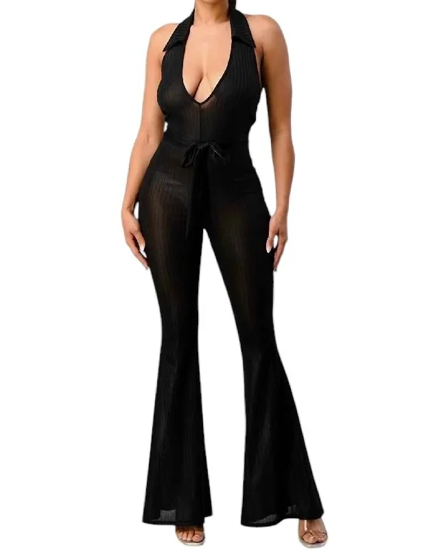 Women's Jodhpurs with V-Shaped HemLurex Rib Deep V-Line Disco Jumpsuit In Black