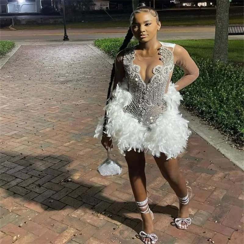 Women's Keyhole Collar DressesLuxury Short Feather Prom Dress For Black Girls White Aso Ebie Cocktail Party Dress 2024 Crystal Beaded African Birthday Evening