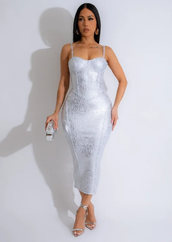 Women's Collarless DressesShimmer Midi Dress Silver