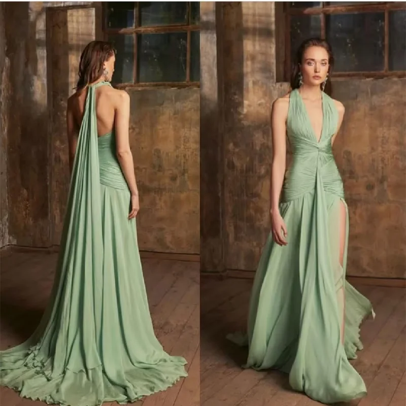 Women's Gathered DressesSexy Long Chiffon Green Evening Dresses with Slit A-Line Floor Length V-Neck Pleated Open Back Formal Party Gowns for Women