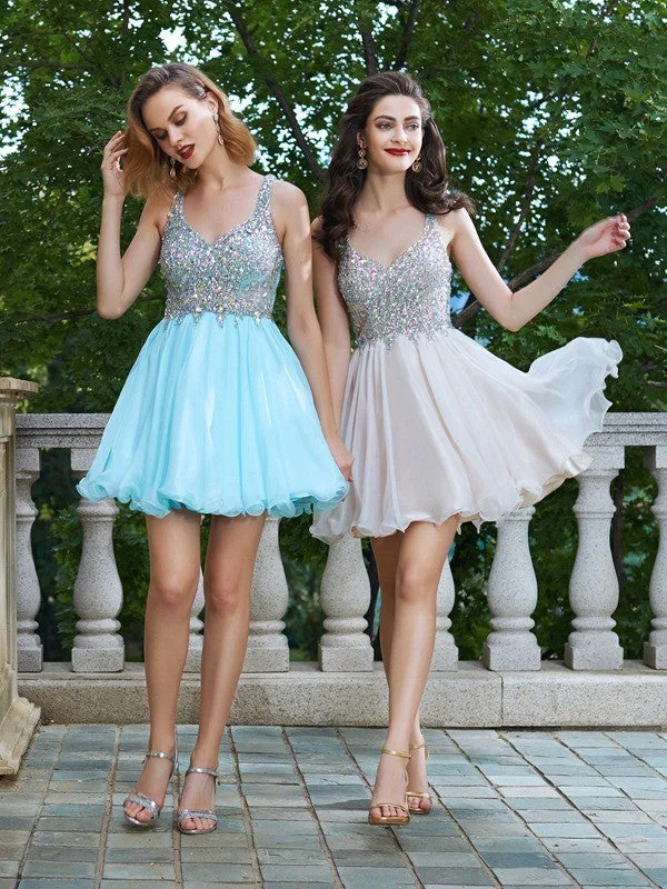 Women's Pleated DressesA-Line/Princess Rhinestone Straps Sleeveless Short/Mini Chiffon Dresses