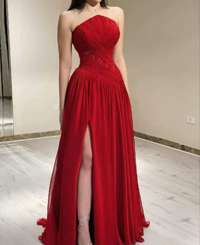 Women's U-Shaped Collar DressesRed Evening Dress Women Chiffon Long Prom Dresses Strapless Pleated Side Split Party Gowns Special Banquet Club فساتين السهرة