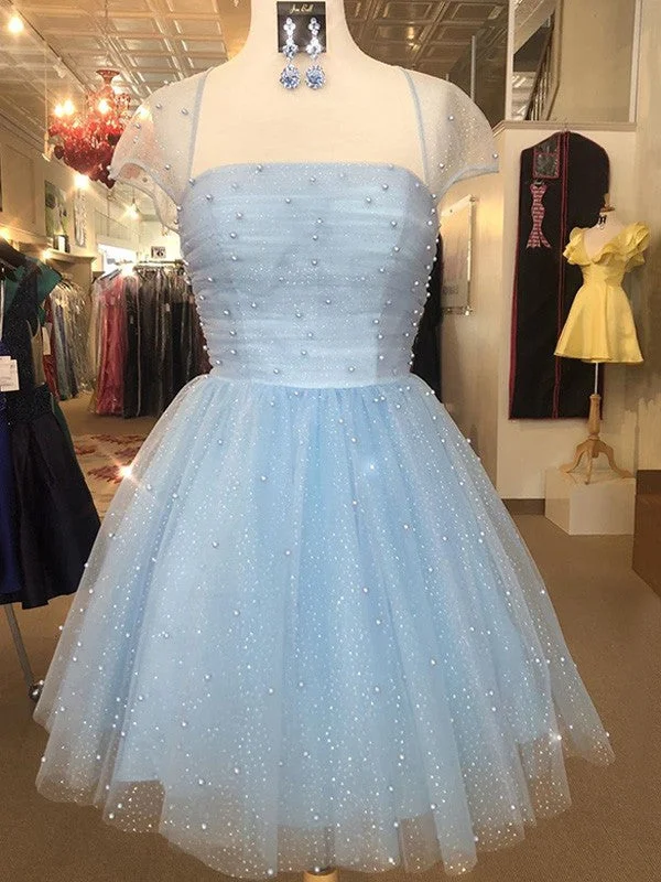 Women's Shirt Collar DressesA-Line/Princess Tulle Strapless Short Sleeves Beading Short/Mini Homecoming Dresses