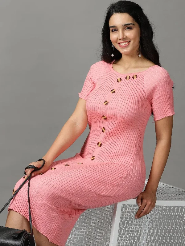 Women's Lapel Collar DressesWomen's Pink Solid Bodycon Dress-TG-12259-Pink