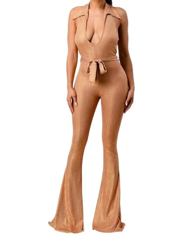 Women's Jodhpurs with Collarless DesignLurex Rib Deep V-Line Disco Jumpsuit In Gold