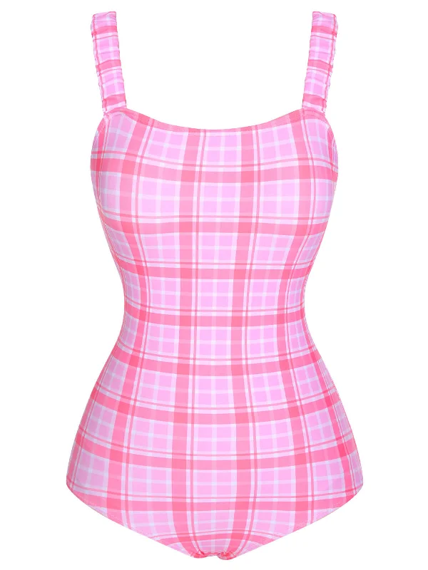 1950s Plaid Elastic Gathers One-Piece Swimsuit