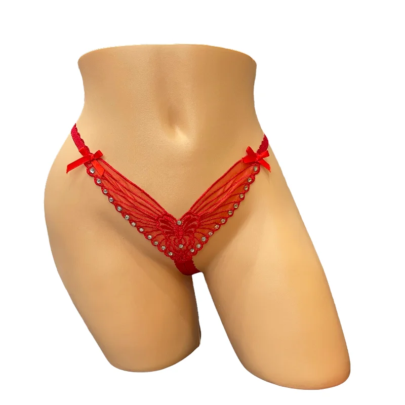 boyshort style underwear for womenRed Embroidered Butterfly Thong With Rhinestones- Crotchless