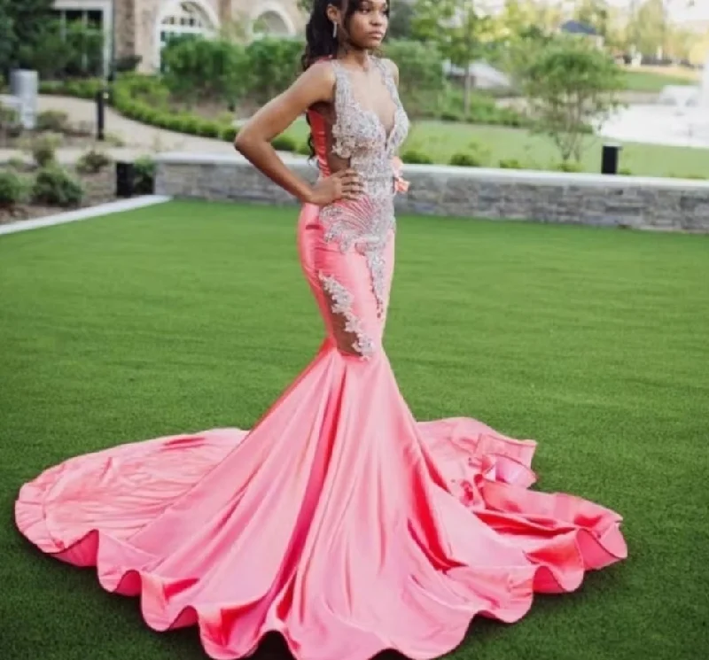 Women's V-Back DressesSexy Pink Mermaid Long Prom Dress Luxury Silver Beaded For Black Girls Elegant Birthday Formal Party Gala Gowns