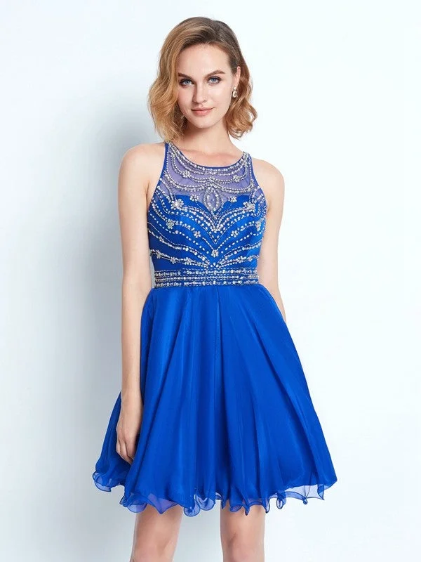 Women's Rounded-Neck DressesA-Line/Princess Sleeveless Scoop Beading Chiffon Short/Mini Dresses