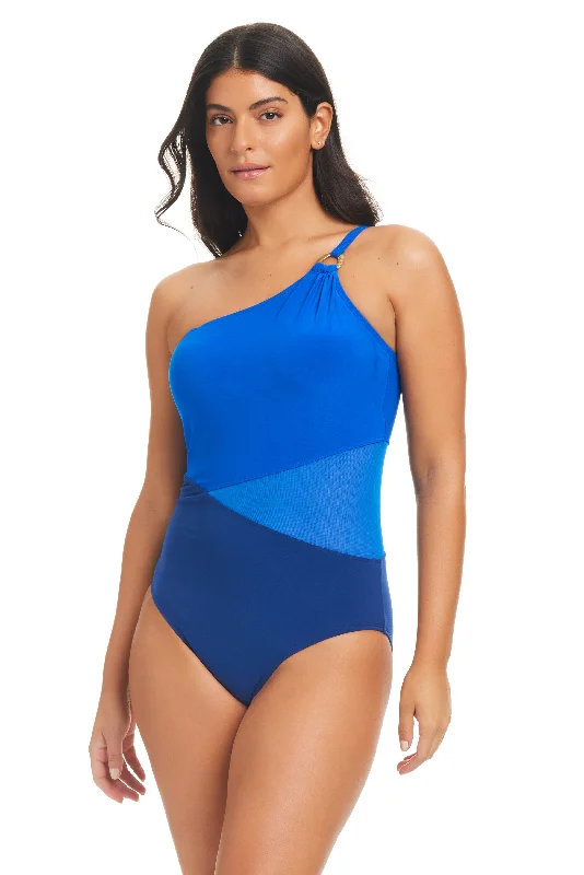 Beyond Tummy Control Solid Essentials One Shoulder Mesh One-Piece Swimsuit