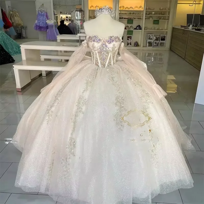 Women's Collarless DressesGlittering Crystal Quinceanera Dresses Long Off Shoulder Sleeves Princess Dress Party Gowns Vestidos De 15 Anos