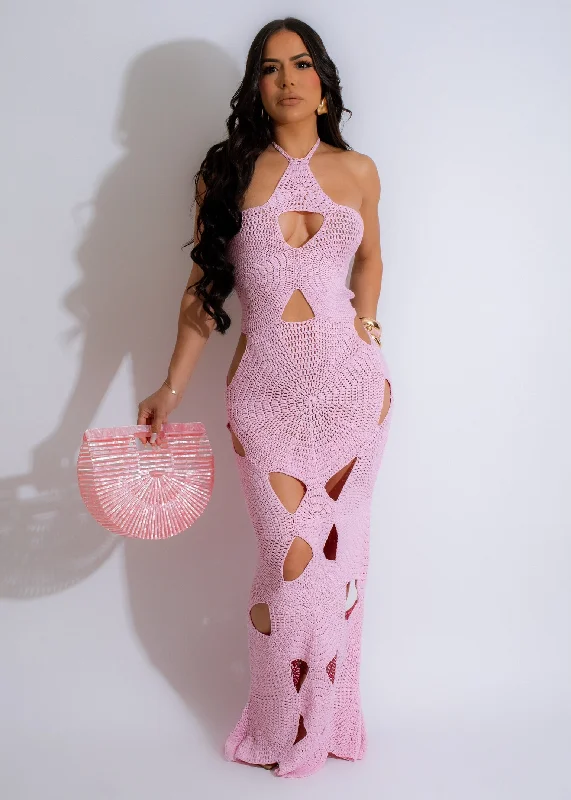 Women's Keyhole Collar DressesSweet Summer Crochet Midi Dress Pink