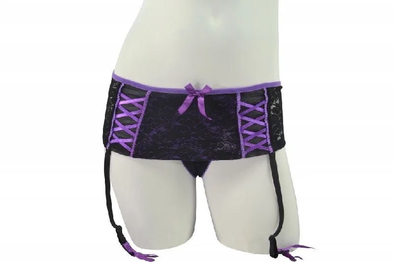 stretchable satin panties for womenSexy Skirted Thong Panty with Garters - Purple & Black