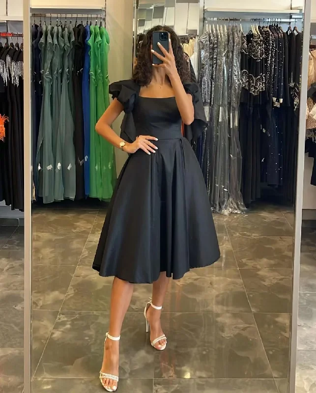 Women's Midi DressesHomecoming Dresses Black Younger Girls' Wear Tea Length A Line Graduation Party Gowns Square Neck Short Sleeves Prom Dress