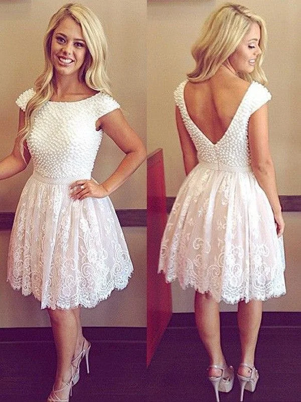 Women's Sweetheart Collar DressesA-Line/Princess Scoop Short Sleeves Pearls Lace Short/Mini Dresses