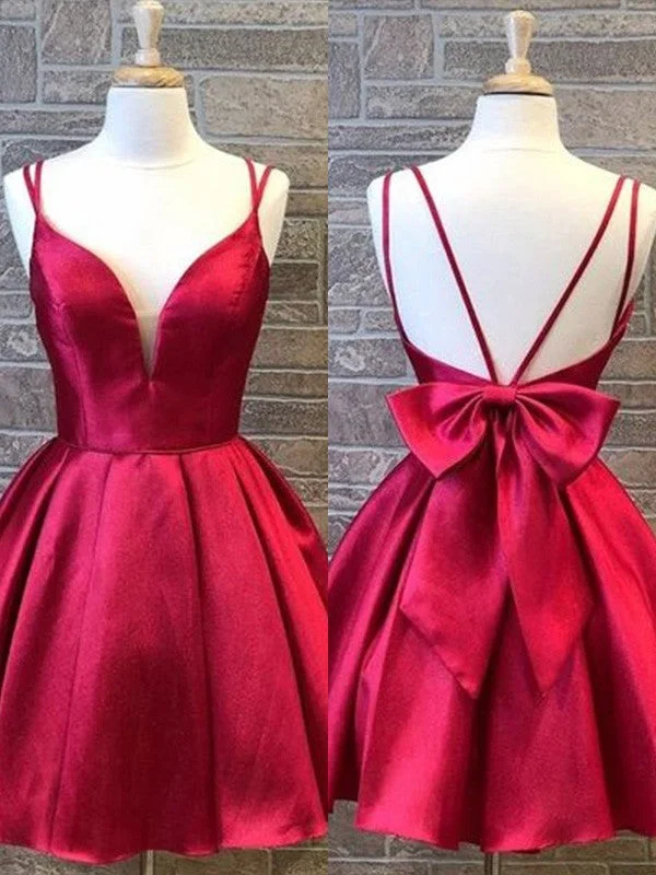 Women's High Collar DressesA-Line/Princess Satin Spaghetti Straps Sleeveless Bowknot Short/Mini Homecoming Dresses