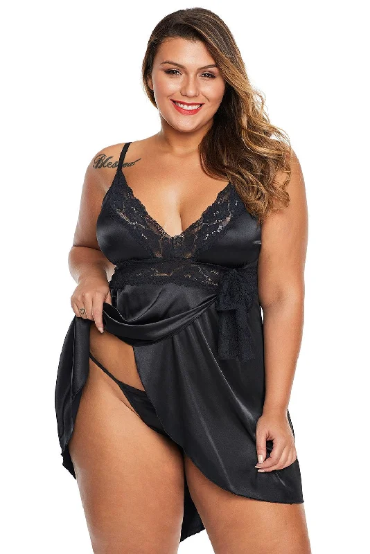 women's pajamas in soft, breathable materialsSerinity Satin Nigthwear - Plus Size (Black)