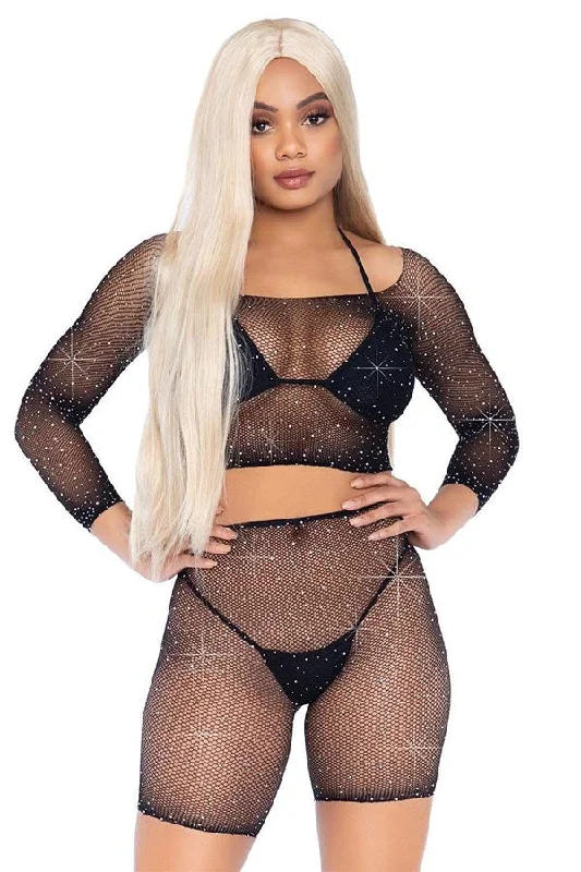 women's short sleeve pajama sets2 PC Rhinestone Fishnet Top n Shorts