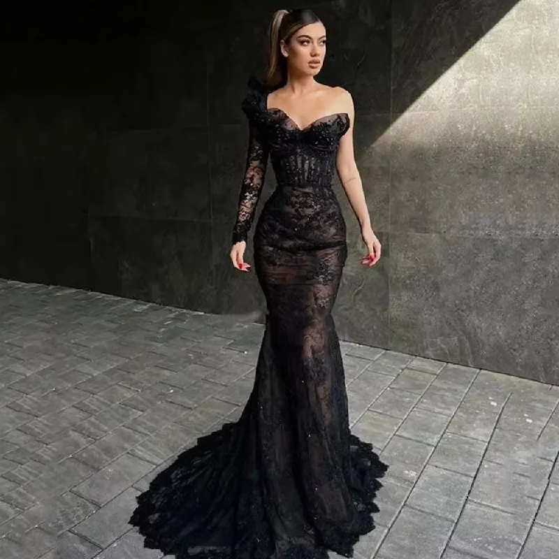 Women's Cap-Sleeve DressesElegant Long Black Mermaid Prom Dress One Sleeve Sweetheart Lace Evening Gowns Party Graduation Dresses