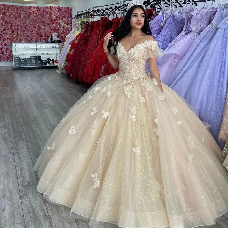 Women's Square-Neck DressesChampagne Golden Quinceanera Dress Sparkling Fabric V Neck Butterfly Long Ball Gown Prom Dress Sequin Tulle Party Gown