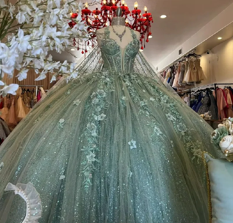 Women's Shirt Collar DressesSparkling Sage Green Lace Up Ball Gown Quinceanera Dresses 2025 With Appliques Mexico Brithday Party Vestidos De 15 Quinceañera